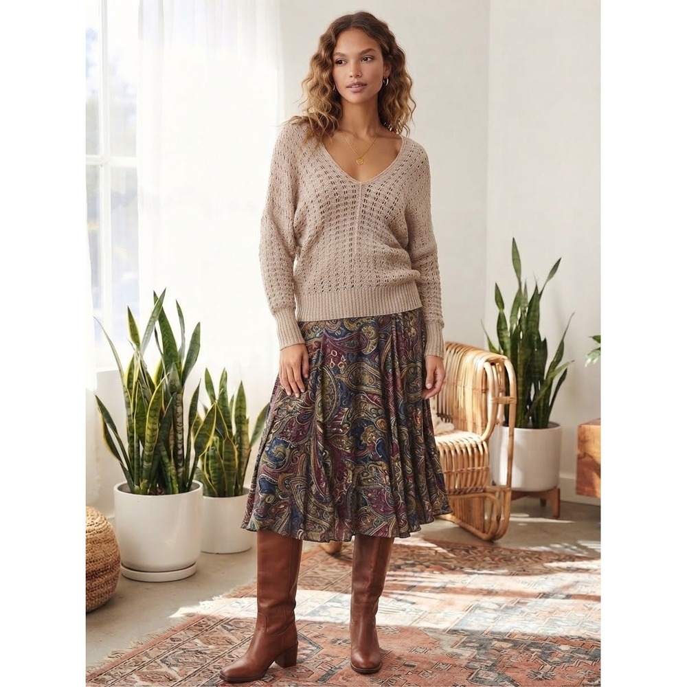 Free People Tan Open Knit V-Neck Batwing Sweater Beige XS